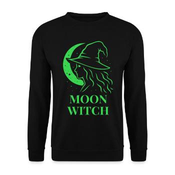 Halloween Moon Witch Silhouette Halbmond in Grün - Unisex Pullover - Schwarz - Vorne - Alina (178cm) & Michal (187cm)