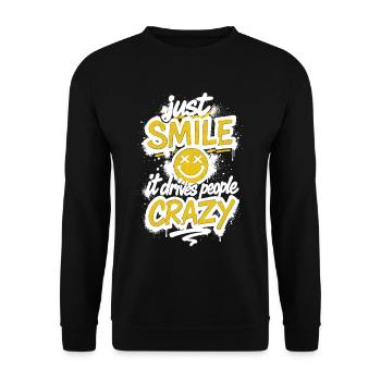 Just Smile – Crazy Graffiti Spruch - Unisex Pullover - Schwarz - Vorne - Alina (178cm) & Michal (187cm)