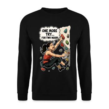 Bouldering Woman Overhang – One More Try Comic - Unisex Sweatshirt - black - Front - Alina (178cm) & Michal (187cm)
