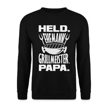 Held Ehemann Papa Lustiger Vater Grillen Bbq - Unisex Pullover - Schwarz - Vorne - Alina (178cm) & Michal (187cm)