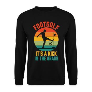 Retro-Footgolf-Motiv mit „IT'S A KICK IN THE GRASS - Unisex Pullover - Schwarz - Vorne - Alina (178cm) & Michal (187cm)