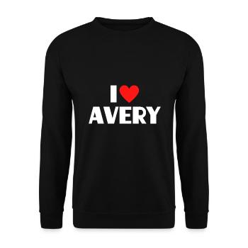 I love Avery Rotes Herz Liebe Fan Geschenk - Unisex Pullover - Schwarz - Vorne - Alina (178cm) & Michal (187cm)