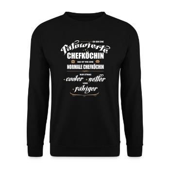 Chefköchin mit Tattoos. Tätowierte Köchin. - Unisex Pullover - Schwarz - Vorne - Alina (178cm) & Michal (187cm)