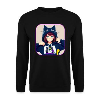 Cute Anime Manga Girl with Cat Hoodie - Unisex Sweatshirt - black - Front - Alina (178cm) & Michal (187cm)