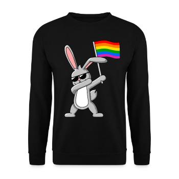 Dabbing Rabbit mit Gay Pride LGBTQ Regenbogenfahne - Unisex Pullover - Schwarz - Vorne - Alina (178cm) & Michal (187cm)