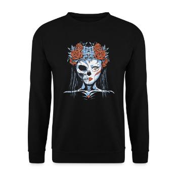 Die zwei Gesichter einer Frau ,Seite Totenkopf - Unisex Pullover - Schwarz - Vorne - Alina (178cm) & Michal (187cm)
