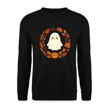 Cute Ghost im Herbstkranz – Cozy Halloween Design - Unisex Pullover - Schwarz - Vorne - Alina (178cm) & Michal (187cm)