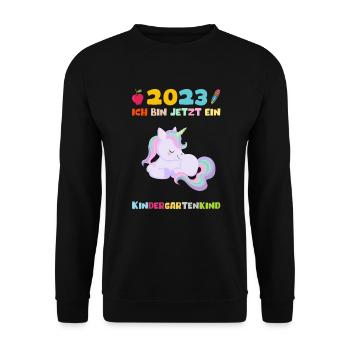 Kindergarten 2023 Einhorn Mädchen Tochter Kita - Unisex Pullover - Schwarz - Vorne - Alina (178cm) & Michal (187cm)