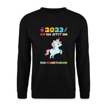 Kindergarten 2023 Einhorn Mädchen Tochter Kita - Unisex Pullover - Schwarz - Vorne - Alina (178cm) & Michal (187cm)