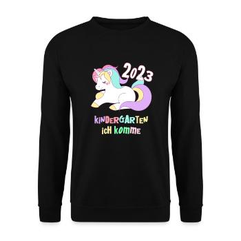 Kindergarten 2023 Einhorn Mädchen Tochter Kita - Unisex Pullover - Schwarz - Vorne - Alina (178cm) & Michal (187cm)