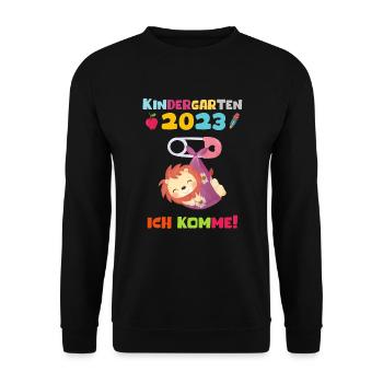 Kindergarten 2023 Ich Komme Mädchen Kita Geschenk - Unisex Pullover - Schwarz - Vorne - Alina (178cm) & Michal (187cm)