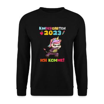 Kindergarten 2023 Ich Komme Jungen Kita Geschenk - Unisex Pullover - Schwarz - Vorne - Alina (178cm) & Michal (187cm)