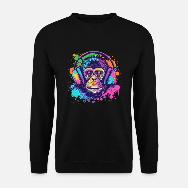 Affe Mit Kopfhörer Damen Deko Herren Geschenk - Unisex Pullover - Schwarz