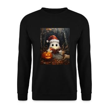 Halloween Geschenk Geist mit Weihnachtsmütze Deko - Unisex Pullover - Schwarz - Vorne - Alina (178cm) & Michal (187cm)