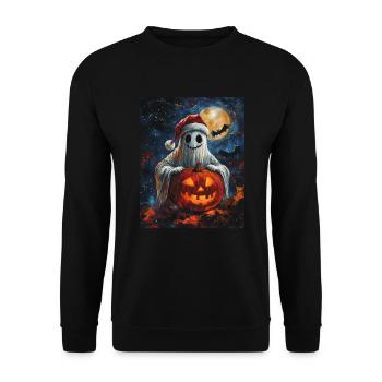 Halloween Geschenk Geist mit Weihnachtsmütze Deko - Unisex Pullover - Schwarz - Vorne - Alina (178cm) & Michal (187cm)