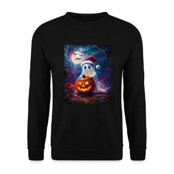 Halloween Geschenk Geist mit Weihnachtsmütze Deko - Unisex Pullover - Schwarz - Vorne - Alina (178cm) & Michal (187cm)