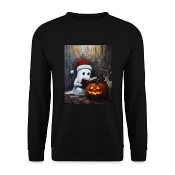 Halloween Geschenk Geist mit Weihnachtsmütze Deko - Unisex Pullover - Schwarz - Vorne - Alina (178cm) & Michal (187cm)