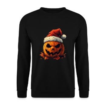 Halloween Geschenk Kürbis mit Weihnachtsmütze Deko - Unisex Pullover - Schwarz - Vorne - Alina (178cm) & Michal (187cm)