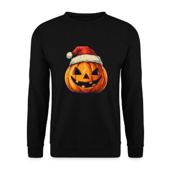 Halloween Geschenk Kürbis mit Weihnachtsmütze Deko - Unisex Pullover - Schwarz - Vorne - Alina (178cm) & Michal (187cm)