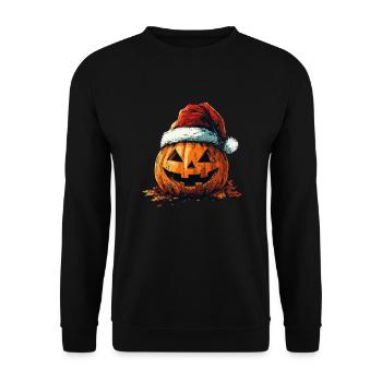 Halloween Geschenk Kürbis mit Weihnachtsmütze Deko - Unisex Pullover - Schwarz - Vorne - Alina (178cm) & Michal (187cm)