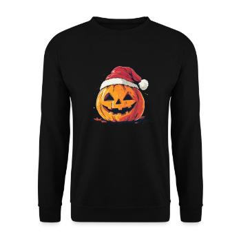 Halloween Geschenk Kürbis mit Weihnachtsmütze Deko - Unisex Pullover - Schwarz - Vorne - Alina (178cm) & Michal (187cm)