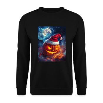 Halloween Geschenk Kürbis mit Weihnachtsmütze Deko - Unisex Pullover - Schwarz - Vorne - Alina (178cm) & Michal (187cm)