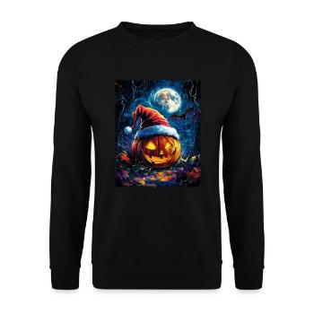 Halloween Geschenk Kürbis mit Weihnachtsmütze Deko - Unisex Pullover - Schwarz - Vorne - Alina (178cm) & Michal (187cm)