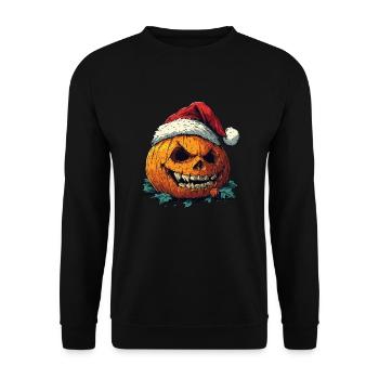 Halloween Geschenk Kürbis mit Weihnachtsmütze Deko - Unisex Pullover - Schwarz - Vorne - Alina (178cm) & Michal (187cm)