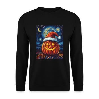 Halloween Geschenk Kürbis mit Weihnachtsmütze Deko - Unisex Pullover - Schwarz - Vorne - Alina (178cm) & Michal (187cm)