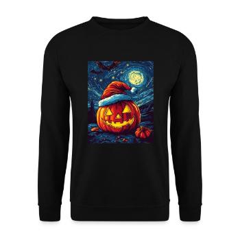 Halloween Geschenk Kürbis mit Weihnachtsmütze Deko - Unisex Pullover - Schwarz - Vorne - Alina (178cm) & Michal (187cm)
