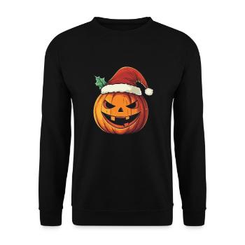 Halloween Geschenk Kürbis mit Weihnachtsmütze Deko - Unisex Pullover - Schwarz - Vorne - Alina (178cm) & Michal (187cm)