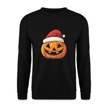 Halloween Geschenk Kürbis mit Weihnachtsmütze Deko - Unisex Pullover - Schwarz - Vorne - Alina (178cm) & Michal (187cm)