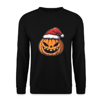 Halloween Geschenk Kürbis mit Weihnachtsmütze Deko - Unisex Pullover - Schwarz - Vorne - Alina (178cm) & Michal (187cm)