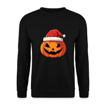 Halloween Geschenk Kürbis mit Weihnachtsmütze Deko - Unisex Pullover - Schwarz - Vorne - Alina (178cm) & Michal (187cm)