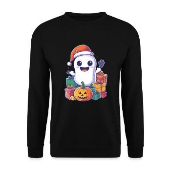 Halloween Geschenk Geist mit Weihnachtsmütze Deko - Unisex Pullover - Schwarz - Vorne - Alina (178cm) & Michal (187cm)