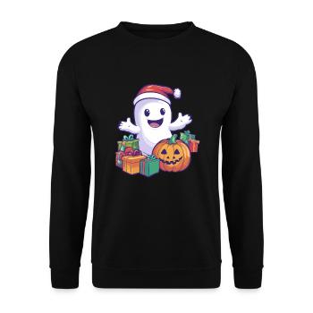 Halloween Geschenk Geist mit Weihnachtsmütze Deko - Unisex Pullover - Schwarz - Vorne - Alina (178cm) & Michal (187cm)