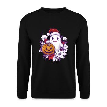 Halloween Geschenk Geist mit Weihnachtsmütze Deko - Unisex Pullover - Schwarz - Vorne - Alina (178cm) & Michal (187cm)