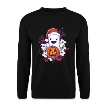 Halloween Geschenk Geist mit Weihnachtsmütze Deko - Unisex Pullover - Schwarz - Vorne - Alina (178cm) & Michal (187cm)