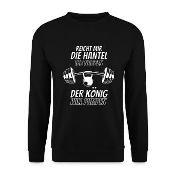 Reicht mir die Hantel Gym Bodybuilder Spruch König - Unisex Pullover - Schwarz - Vorne - Alina (178cm) & Michal (187cm)