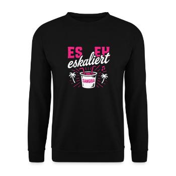 Mallorca Party Spruch Es Eskaliert Eh Malle - Unisex Pullover - Schwarz - Vorne - Alina (178cm) & Michal (187cm)