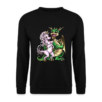 Drache Und Einhorn | Freundschaft Umarmung Kreatur - Unisex Pullover - Schwarz - Vorne - Alina (178cm) & Michal (187cm)