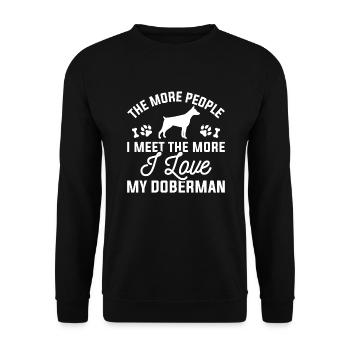 Je mehr Menschen ich treffe, desto mehr liebe ich meinen Dobermann - Unisex Pullover - Schwarz - Vorne - Alina (178cm) & Michal (187cm)