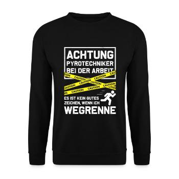 Achtung - Pyrotechniker bei der Arbeit - Unisex Pullover - Schwarz - Vorne - Alina (178cm) & Michal (187cm)