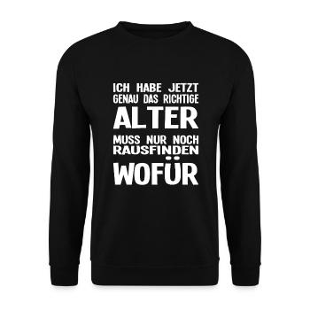 genau das richtige alter - muss rausfinden wofür - Unisex Pullover - Schwarz - Vorne - Alina (178cm) & Michal (187cm)