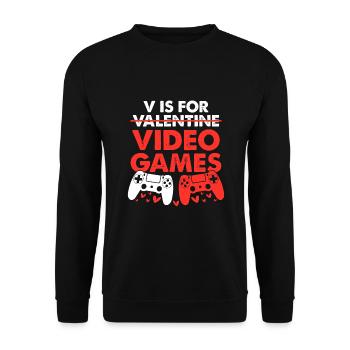V steht für Videospiele Lustiger Valentinstag-Gamer - Unisex Pullover - Schwarz - Vorne - Alina (178cm) & Michal (187cm)