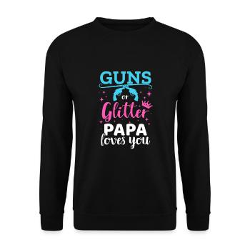 Gender Reveal Guns oder Glitter Papa Matching Baby - Unisex Pullover - Schwarz - Vorne - Alina (178cm) & Michal (187cm)