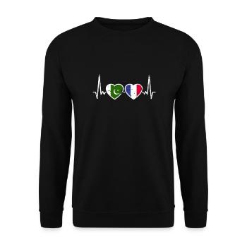 Pakistan Frankreich Vintage Herzschlag Flagge - Unisex Pullover - Schwarz - Vorne - Alina (178cm) & Michal (187cm)