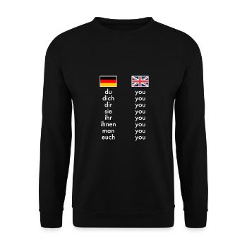 Anglais Allemand Apprentissage de la grammaire Professeurs drôles - Sweat-shirt Unisexe - noir - Devant - Alina (178cm) & Michal (187cm)