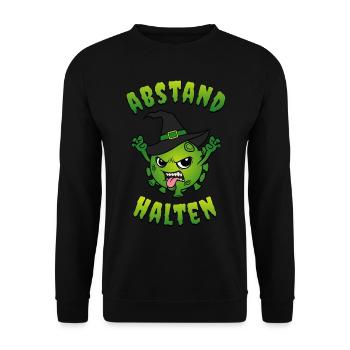 Halloween 2021 Abstand halten Corona Virus Hexe - Unisex Pullover - Schwarz - Vorne - Alina (178cm) & Michal (187cm)