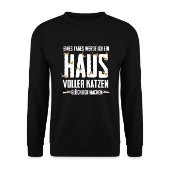 Katzen Shirt- Haus voller Katzen - Unisex Pullover - Schwarz - Vorne - Alina (178cm) & Michal (187cm)